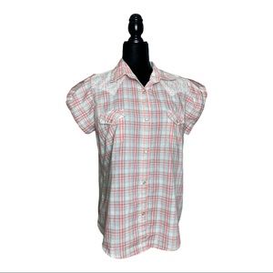 Women’s Large Wrangler Pink and Blue Button Down Shirt with Lace Details